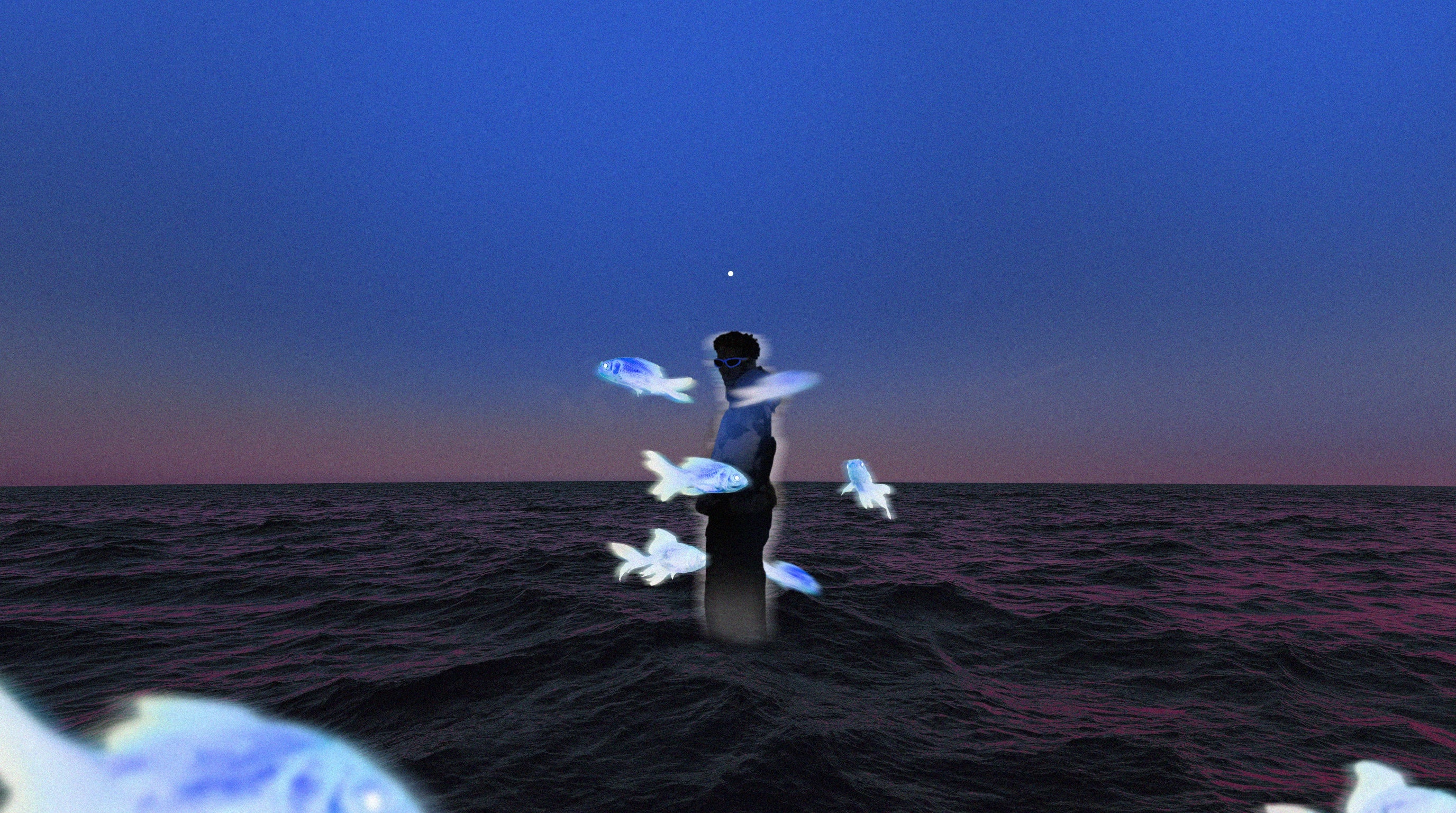 A figure surrounded by luminous floating fish above a dark ocean at dusk.
