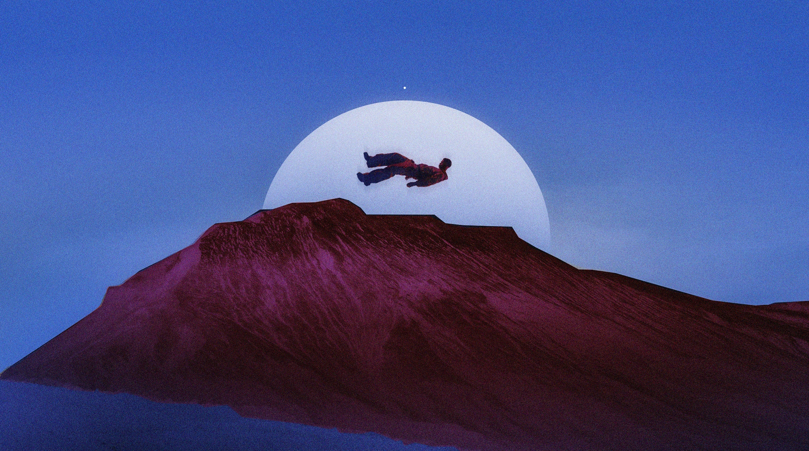 A floating figure above a crimson landscape, silhouetted against a pale moon in a blue sky.